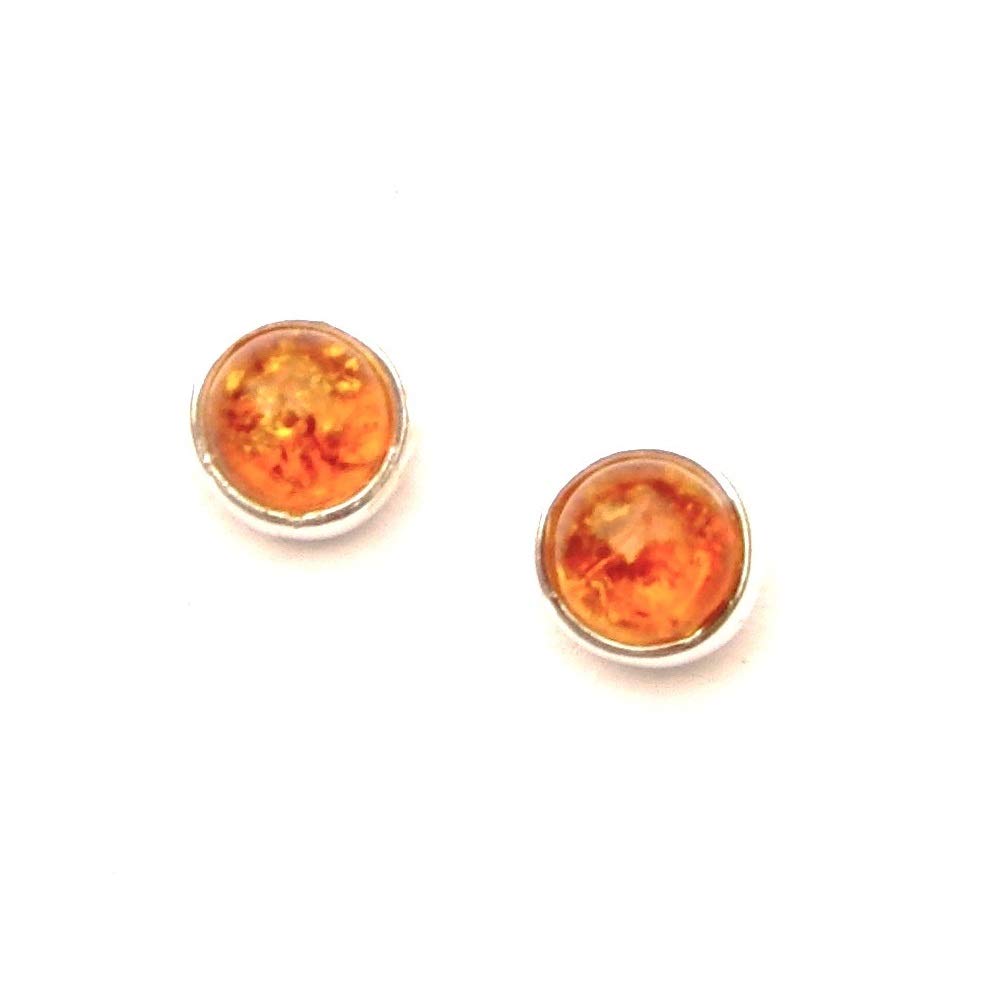 925 Sterling Silver Amber Or Blue Opal Studs Fine Earrings With Genuine Gemstones Ethically Sourced Sent Gift Boxed For Girls Women Unisex (Round Studs - Amber)