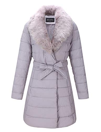 Bellivera Faux Leather Puffer Padding Long Jacket, Women Winter Coats with Detachable Faux Fur Collar