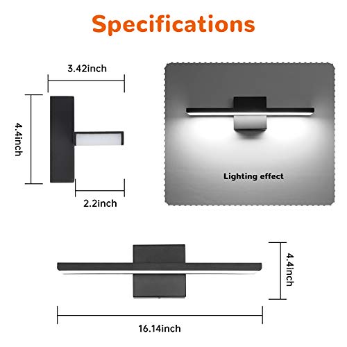 JUSHENG Bathroom Vanity Light Fixtures Aluminum LED Wall Lights for Bedroom Bedside Matt Black 16W 16.14\