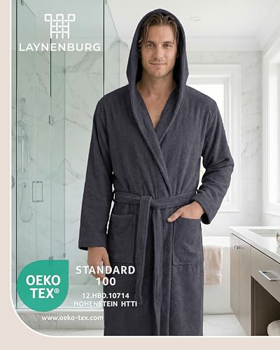 LAYNENBURG Men's Terry Towelling Bathrobe Made of 100% Cotton – Oeko-Tex Standard – Soft Dressing Gown Calf Length with Hood, Tie Belt and Patch Pockets – Ideal for Sauna and Home (M-XXXL)