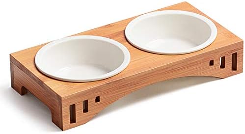 Companet Pet Raised Bowl Dog Cat Food Water Bowl Pet Dishes, Pet Feeder Pet Feeding Bowl with Detachable Raised Bamboo Stand Pet Food Feeder for Cats or Small Dogs – Cermic Bowls Double