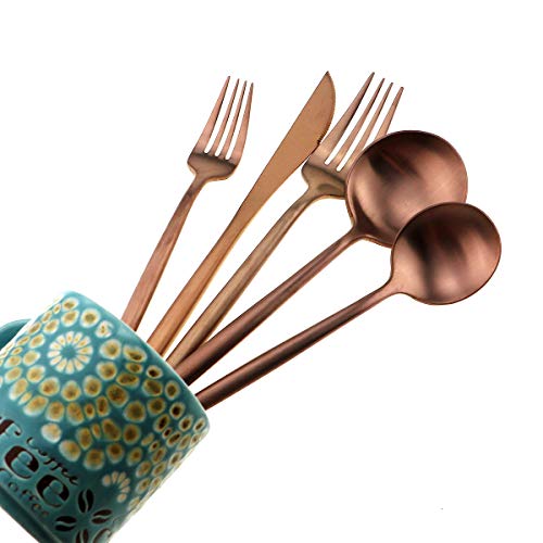 Matte Rose Gold Silverware Set,Gugrida 5-Piece 18/10 Stainless Steel Satin Finish Flatware Set,Kitchen Utensil Set,Tableware Travel Cutlery Set for Camping Office or School Lunch, Dishwasher Safe - Thumbnail 3
