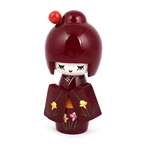 uxcell Carved Flower Wooden Kimono Japanese Kokeshi Doll Desk Decoration Dark Red