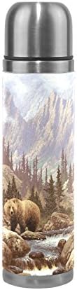 LORVIES Grizzly Bear In The Rockies Stainless Steel Thermos Water Bottle Vacuum Insulated Cup Leak Proof Double Vacuum Bottle, PU Leather Travel Thermal Mug,17 oz