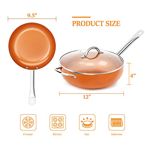SHINEURI 3 Pieces Nonstick Ceramic Copper Pan Set - 12 Inch Woks and Stir Fry Pans with Lid, 9.5 Inch Round Frying Pan Saute Pan with Stainless Steel Handle for Induction, Gas, Electric & Stovetops - Thumbnail 6