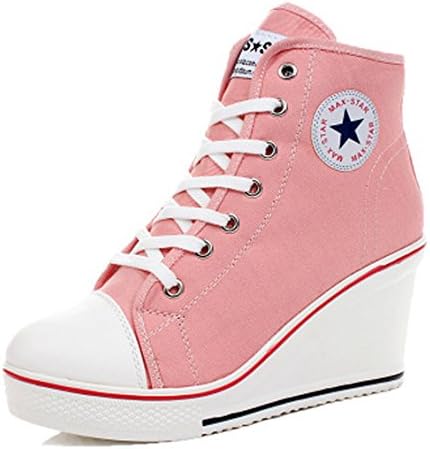 Women Girls Canvas Wedge Heeled Shoes High-Top Platforms Trainers Side Zipper Lace up Boots Sneakers
