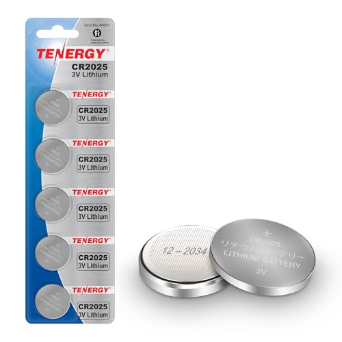 Tenergy 3V CR2025 Batteries, Lithium Button Coin Cell 2025 Battery, for Key FOBs & Other Devices, 5 Count
