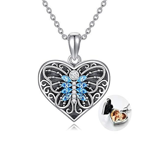 バタフライハートロケットネックレス 写真を保持 スターリングシルバー ピクチャーハートペンダントネックレス ガールズ レディース