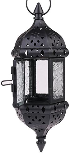 Hanging Candle Lantern Moroccan Chandelier Retro Candle Holder Moroccan Vintage Metal Hollow Wedding Hanging Candle Holders Lantern Contain 40cm Chain (Black)