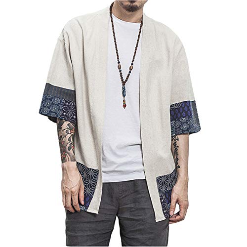 PERDONTOO Men's Casual Kimono Cardigan Noragi Jackets Cloak Open Front Coat (Small, Beige)