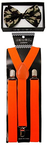 Brand New Unisex Adult Fashion Hunters Camo Bowtie & Neon Orange Suspender Set