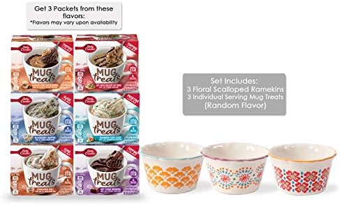 Pioneer Woman Ramekins and Betty Crocker Mug Treats Set, Solid Color Ramekins or Floral Ramekins, Microwaveable Different Flavor Mug treats (Flea Market Scalloped)