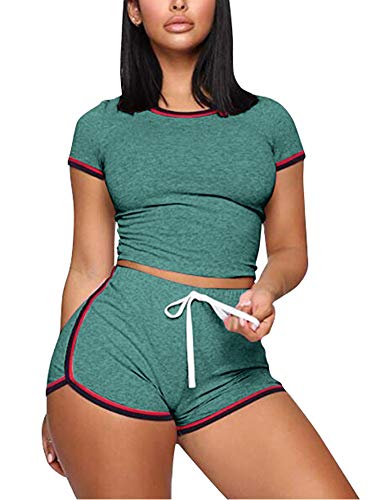 2 Piece Shorts Set for Women - Sexy Short Sleeve Crop Tops + Skinny Shorts Tracksuit X-Large Green