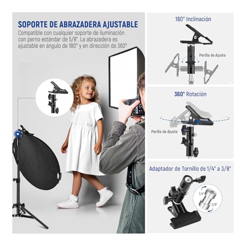 Neewer - Reflector de luz de 110 cm con Abrazadera y empuñaduras de Mano, Reflector Plegable 5 en 1, multidisco, translúcido, Plateado, Dorado, Blanco/Negro con Rosca de 3/8 Pulgadas para iluminación
