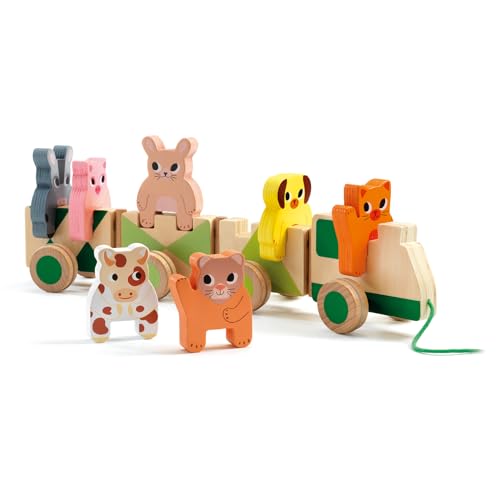 DJECO Farm Animals Wooden Train - Trainimo Farm - Safe for Kids Toys, Cute Toddler Vehicle, Stackable Animals for Imagination, Active Play, Motor Skills - Perfect for Boys & Girls Ages 18+ Months