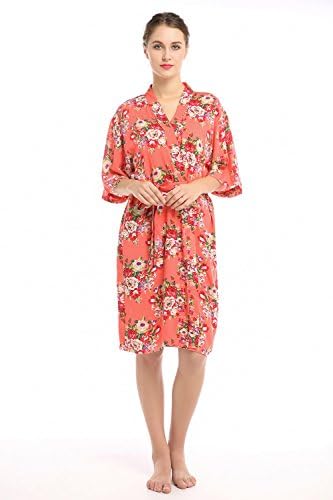 YueQiW Women's Cotton Short Floral Wedding Nightgown - Bridesmaids Dressing Robe(Medium,Coral)