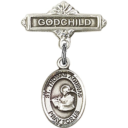Sterling Silver Baby Badge with St. Thomas Aquinas Charm and Godchild Badge Pin 1 X 5/8 inches