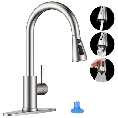 APPASO Grifo de Cocina, Níquel Cepillado de Acero Inoxidable SUS304 Mezclador para Fregadero, Grifos para Fregadero de Cocina de Alto Arco Llaves para Fregadero de Cocina con Placa de Cubierta