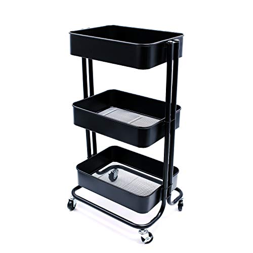 Iris'Home 3-Tier Metal Rolling Storage Cart Heavy Duty Utility Cart on Wheels for Bathroom, Kitchen, Office, Bedroom. Easy Assembly Storage Trolley Service Cart with Mesh Baskets - Black
