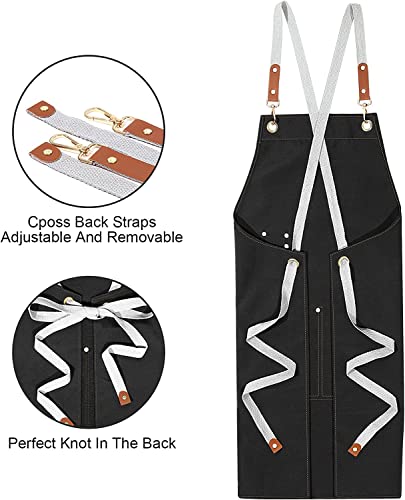 Beauenty Chef Aprons, Cotton Canvas Cross Back Apron with Large Pockets for Women and Men, Heavy Duty Adjustable Cooking Apron, Work Waterproof Bib Apron for Cooking Baking Gardening