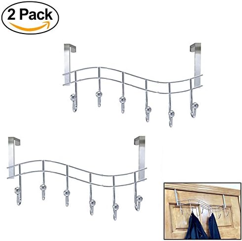 Pack of 2 Over The Door Rack with Hooks , 6 Hangers for Towels Coats Clothes Robes Ties Hats, Bathroom Closet Extra Long Heavy Duty Gauge Steel Space Saver Mudroom Organizer