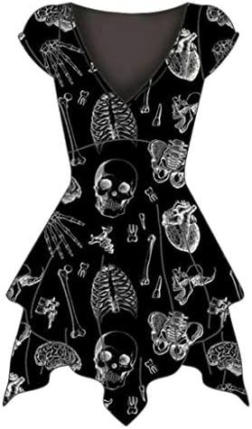 Women's V-Neck Dress, Short Sleeve Printed Dress High-Waist A Line Dress Punk Gothic Style Dress Irregular Swing Party Dress Skirt Casual Flowy T-Shirt Dress Fashion Black