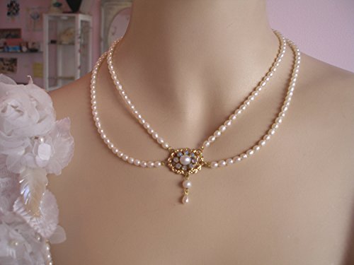 edding Necklace Victorian Pearl Necklace Genuine Pearls Two Row Bridal Necklace Pearl Wedding Necklace Rhinestone Flower Victorian Bridal