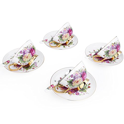 ARTVIGOR 12-Piece New Bone China Coffee and Tea Service Set, Floral Patterns 6.8oz / 200ml Cup & Saucer Sets with Spoons for 4 - Thumbnail 6
