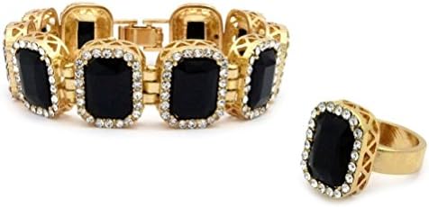 Letter Love Fashion Hip Hop Crystal Square Onyx Black Gemstone Piece Bracelet & Ring Set