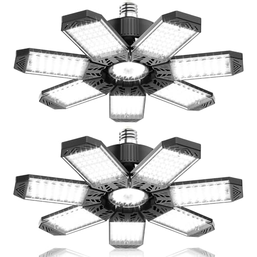 HAPYLUMI LED Ceiling Light for Garage 200W, 2 Pieces 20000LM Garage Lamp with 7+1 Adjustable Panels 6500K, E27/E26 Socket Industrial Workshop Lighting for Warehouse Basement