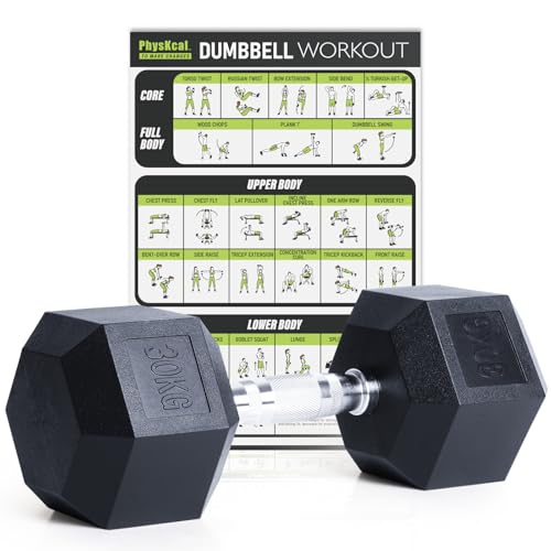 PhysKcal 1 Stück 30 kg Hexagon Hanteln Poly-Gummierte Kurzhantel-Set