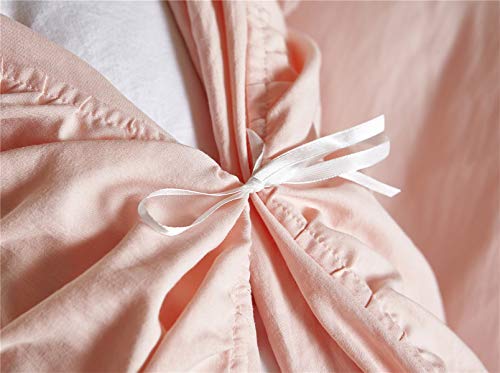 Moowoo Vintage Farmhouse Bedding, 3 Pieces Ruffle Duvet Cover Set 100% Washed Cotton Romantic Mermaid Tail French Country Style Duvet Cover with Ties (Pink, Queen) - Thumbnail 4