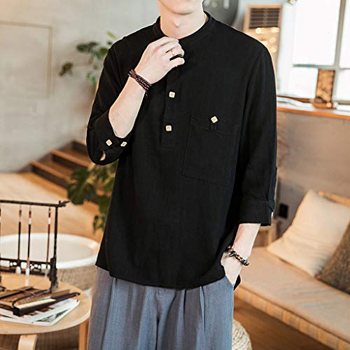 Men Linen and Cotton V Neck 3/4 Sleeve T Shirts Casual Tee Button Henley Shirts Summer Beach Top Blouse Black - Thumbnail 4