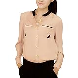 Allegra K Women Button Down Patch Pockets Long Sleeve Blouse Sheer Chiffon Shirt