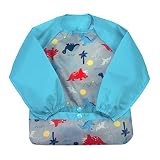 green sprouts Easy-wear Long Sleeve Bib | Waterproof protection from mealtime to playtime | Flipped pocket, soft material, elasticized sleeves, easy clean, 2T-4T, Aqua Dinosaurs