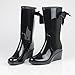 getmorebeauty Women's Belt Mid Calf Rubber Waterproof Wedges Black Rain Boots