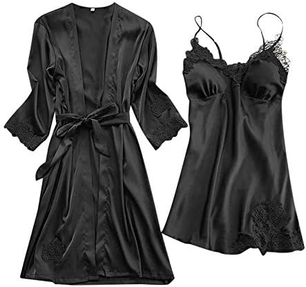 YOMXL 2 Piece Sleepwear Kimono Set - Women's Robe Nightgown Sexy Silk Satin Camisole Pajama Dress Lingerie Cover Up Cardigan