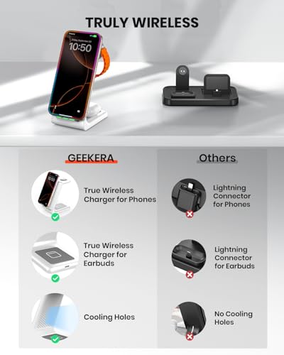 GEEKERA 3 in 1 Wireless Charging Station for Apple, Fast Wireless Charger Stand Dock for iPhone 17 16 15 14 13 12 11 Pro Max Plus XR XS X, Apple Watch Ultra/11/10/9/SE/8/7/6/5/4/3/2, AirPods Pro/4/3/2