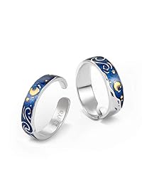 Thaya S925 Sterling Silver Rings Couple Rings Van Gogh's Sky Design Handmade Unique Blue Open Band Ring Vintage Engagement Promise Ring Size 5-8 Jewelry Gift Anniversary Ring for Women and Men