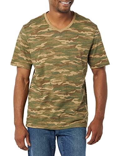 AMAZON ESSENTIALS 100% COTTON T SHIRTS FOR MEN, REGULAR-FIT SHORT-SLEEVE V-NECK, PACK OF 2, AVAILABLE IN BIG & TALL, BLACK/CAMO PRINT, MEDIUM