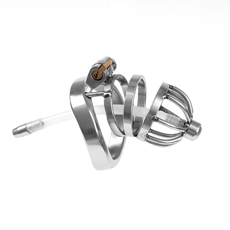 Steel Stainless Inverted Chastity Cage Male Cage with Urethral Catheter Chastity Device Chastity Lock Beginner Cage Male Metal Beginner Device Penis Ring to Prevent Erection Bondage for Men
