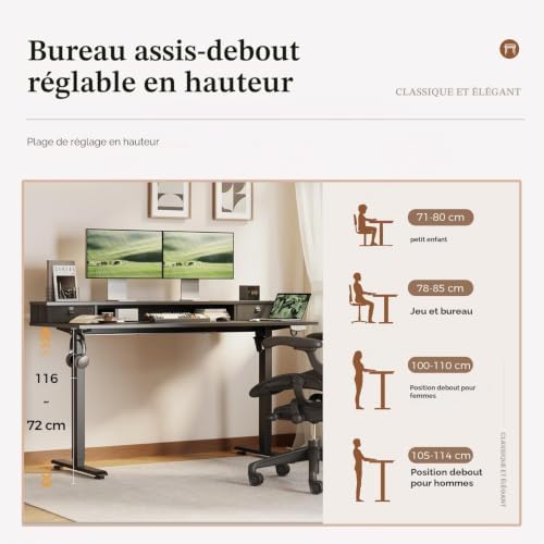 Bureau électrique réglable en Hauteur 100x60 cm avec 2 tiroirs