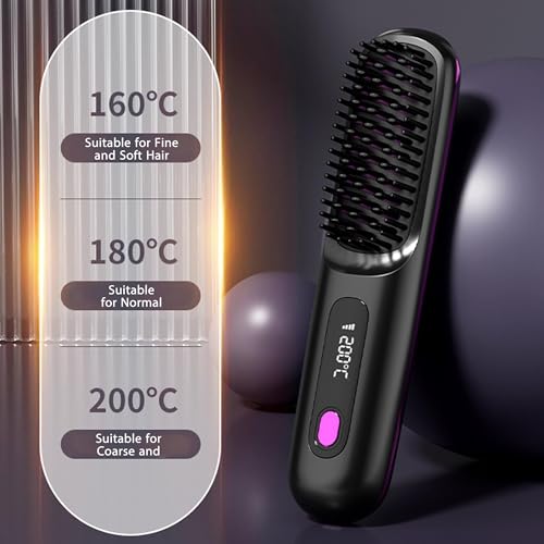 Portable Cordless Hair Straightener Brush, 200M Ionic Care Thermal Comb with Anti-Scald Ceramic Plate and 3 Temperature Setting, for Women (Black)