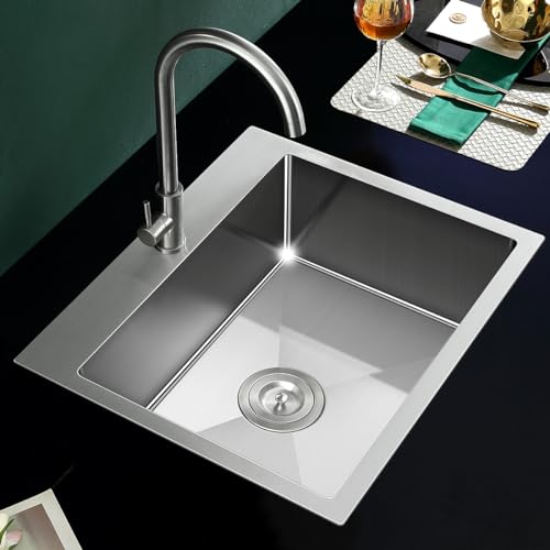 TSIBOMU 24 Inch Kitchen Sink Drop-in, 18 Gauge Stainless Steel Single Bowl Single Faucet Hole Top Mount Workstation Sink, D24 xW18 xH9
