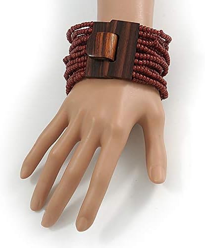 Avalaya Chocolate Brown Glass Bead Multistrand Flex Bracelet With Wooden Closure - 19cm L - Image 3