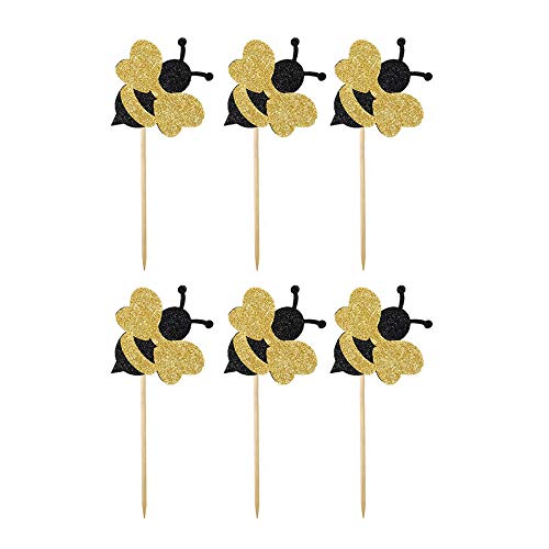 iMagitek 36 Pack Glitter Bumble Bee Cupcake Toppers for Gender Reveal Baby Shower Party Decorations Birthday Party Supplies