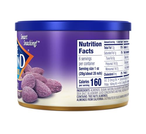BLUE DIAMOND ALMONDS, CLASSIC BLUEBERRY FLAVORED SWEET SNACK NUTS PERFECT SIZE FOR ON-THE-GO, LUNCH, ADULTS AND KIDS, 6OZ CAN