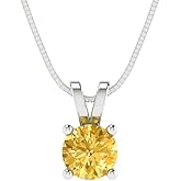 Clara Pucci 14K White Gold Plated Solitaire 18" Box-Chain Necklace - Sterling Silver 0.5ct Round Cut Citrine Pendant