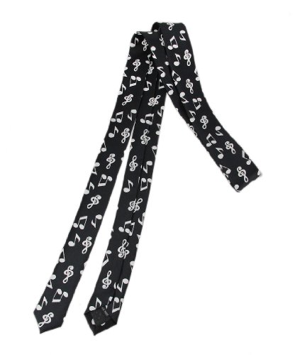 Black with White Music Notes Skinny Satin Neck Tie