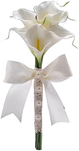 Moleya 6 Inch Vintage PE Artificial Calla Lily Handmade Wedding Flower Bouquets Bridal Bridesmaid Holding Throw Bouquets with Ribbon, White